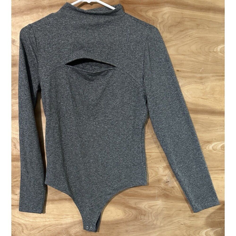 Express Women Med Body Contour Long Sleeve Bodysuit Mock Turtle Neck Gray Thong